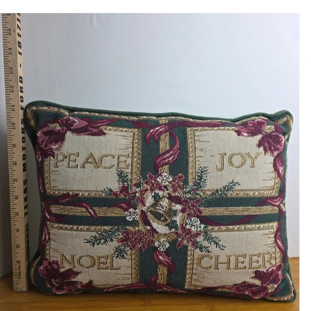 Christmas Tapestry Throw Pillow Peace Joy Noel Cheers Green Holiday Decor 11x16